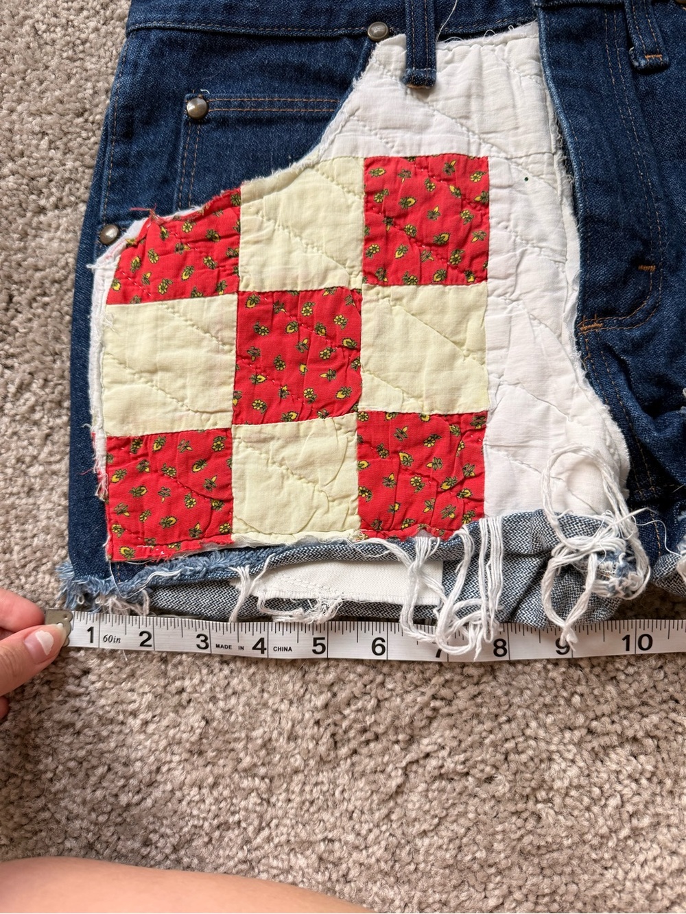 Wrangler Upcycled Denim Patchwork High-Waist Women's Shorts - Red & White Patch - Picture 7 of 8